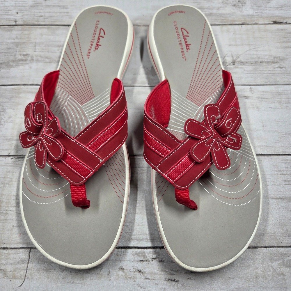 Clarks Cloudsteppers Brinkley Floral Flip Flop Sandal Women 11 Red Flower Thong